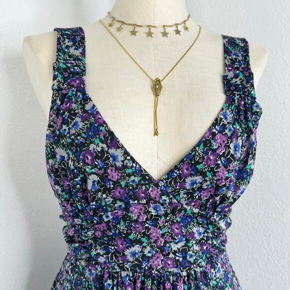 Y2k Dark Floral Deep V-Neck Bubble Hem Sun Mini Dress with Waist Tie - Picture 3 of 8